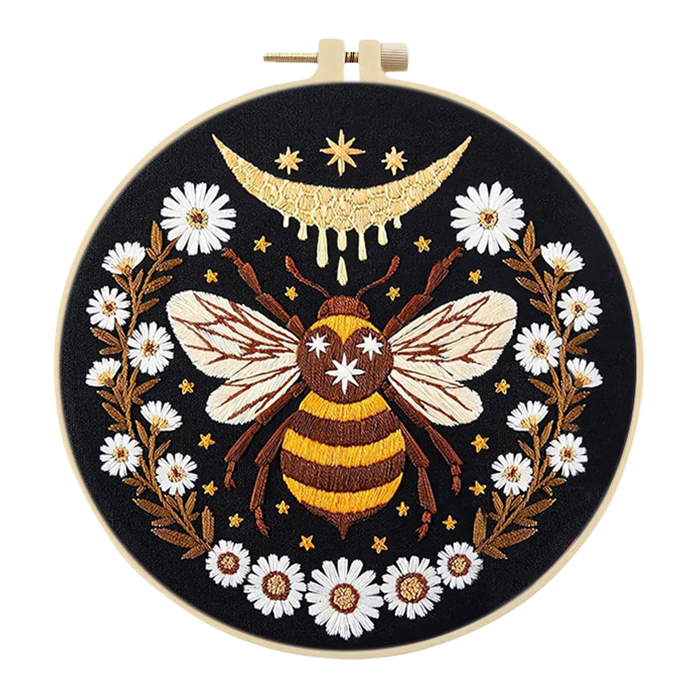 Yellow Bee - DIY Embroidery Cross Stitch Kit with Pattern Cotton Threads Needles Hoop 25x25CM/9.84x9.84in
