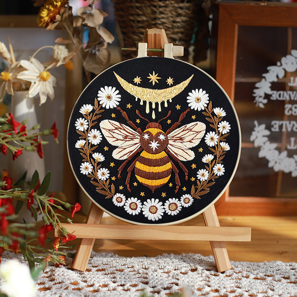 Yellow Bee - DIY Embroidery Cross Stitch Kit with Pattern Cotton Threads Needles Hoop 25x25CM/9.84x9.84in