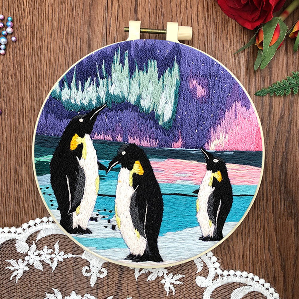 Antarctic Penguin - DIY Embroidery Cross Stitch Kit with Pattern Cotton Threads Needles Hoop 30x30CM/11.81x11.81in