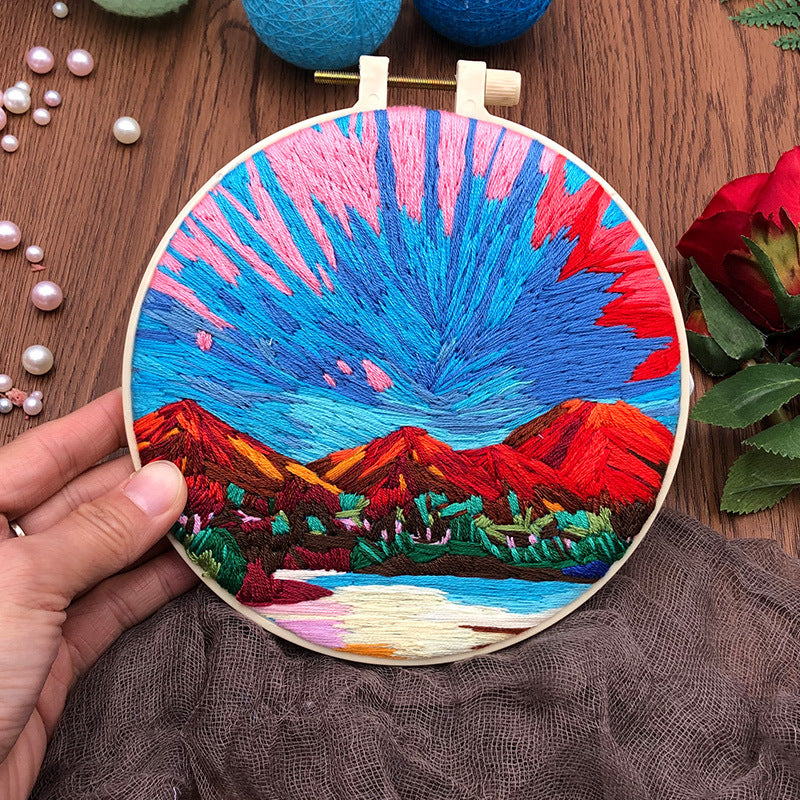 Pink Sky - DIY Embroidery Cross Stitch Kit with Pattern Cotton Threads Needles Hoop 30x30CM/11.81x11.81in