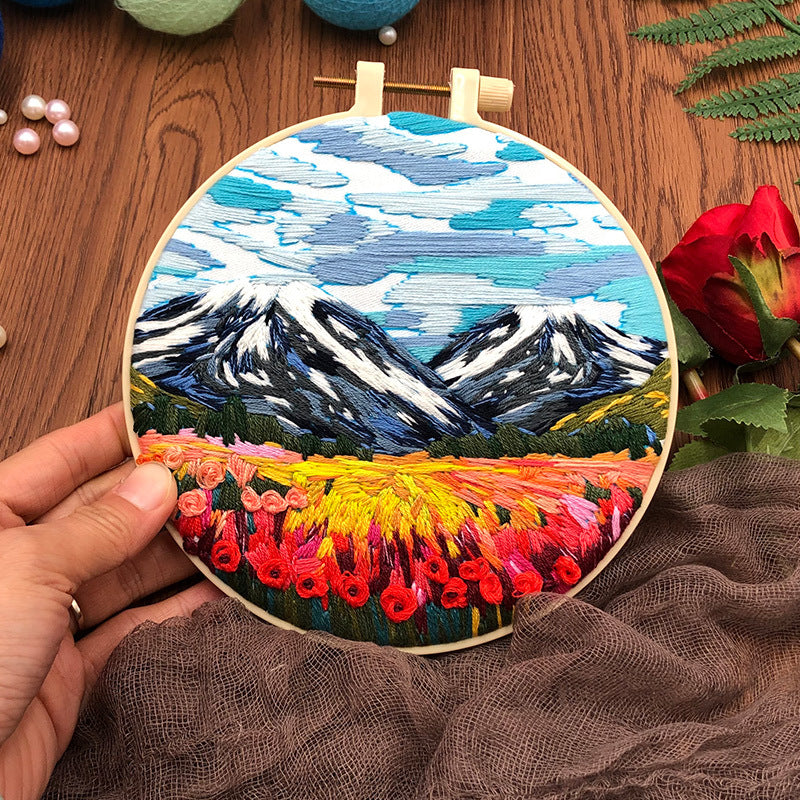 Mountain & Flower Snow Mountain - DIY Embroidery Cross Stitch Kit with Pattern Cotton Threads Needles Hoop 30x30CM/11.81x11.81in
