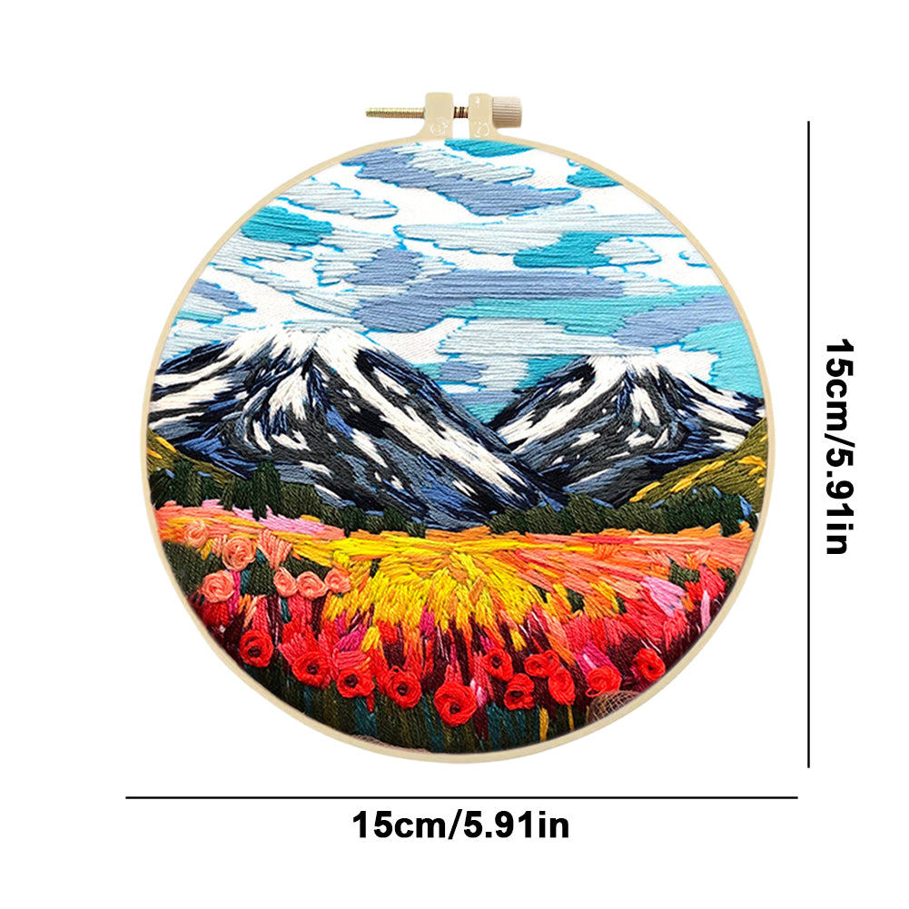 Mountain & Flower Snow Mountain - DIY Embroidery Cross Stitch Kit with Pattern Cotton Threads Needles Hoop 30x30CM/11.81x11.81in