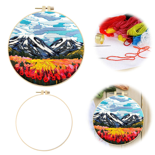 Mountain & Flower Snow Mountain - DIY Embroidery Cross Stitch Kit with Pattern Cotton Threads Needles Hoop 30x30CM/11.81x11.81in