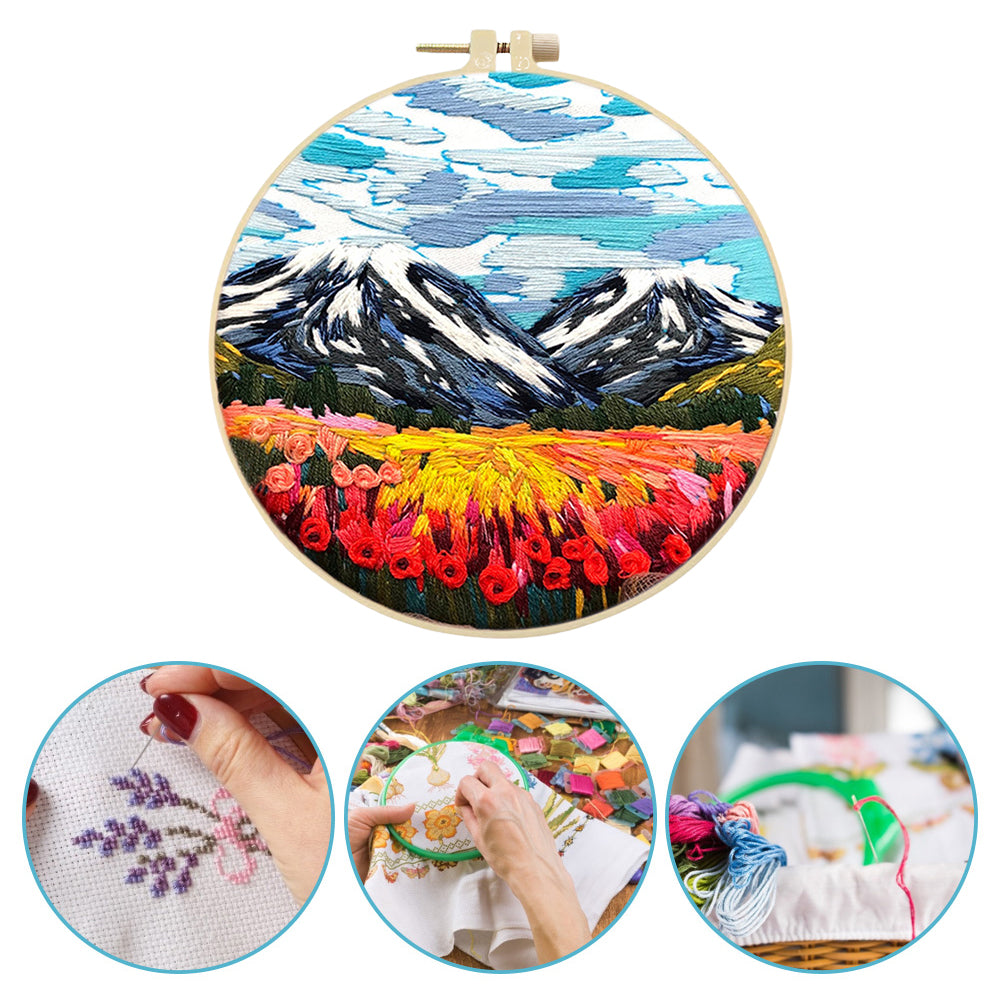 Mountain & Flower Snow Mountain - DIY Embroidery Cross Stitch Kit with Pattern Cotton Threads Needles Hoop 30x30CM/11.81x11.81in