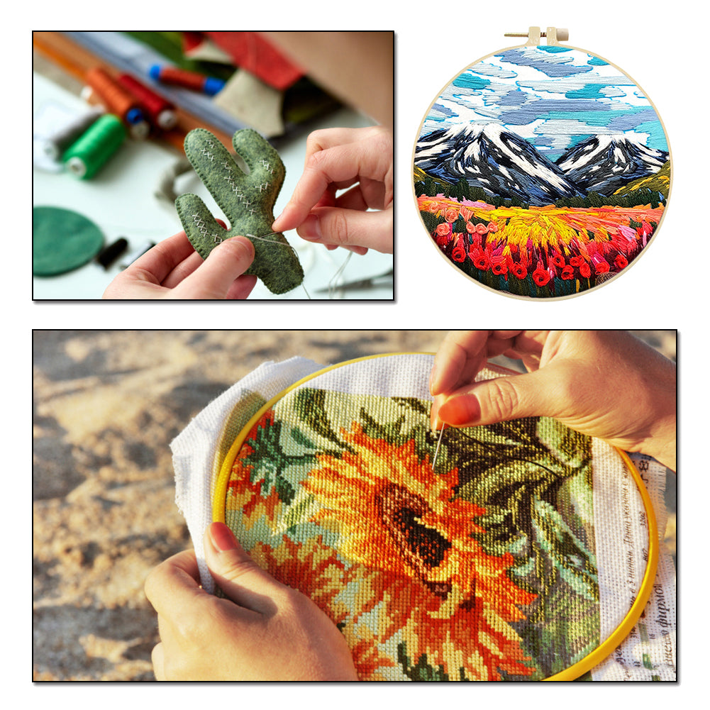 Mountain & Flower Snow Mountain - DIY Embroidery Cross Stitch Kit with Pattern Cotton Threads Needles Hoop 30x30CM/11.81x11.81in