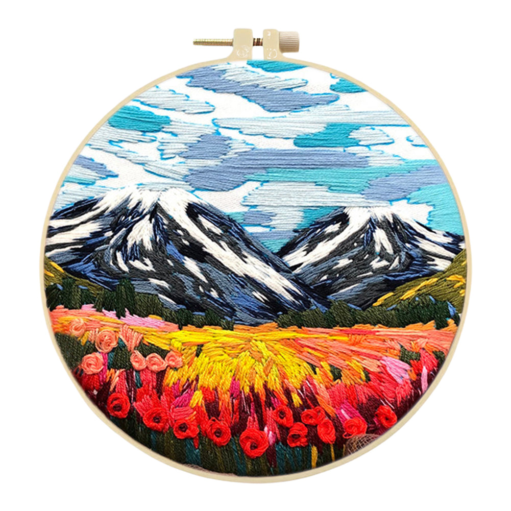 Mountain & Flower Snow Mountain - DIY Embroidery Cross Stitch Kit with Pattern Cotton Threads Needles Hoop 30x30CM/11.81x11.81in
