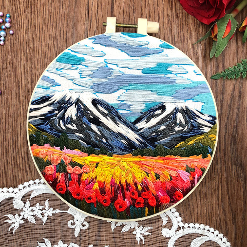 Mountain & Flower Snow Mountain - DIY Embroidery Cross Stitch Kit with Pattern Cotton Threads Needles Hoop 30x30CM/11.81x11.81in