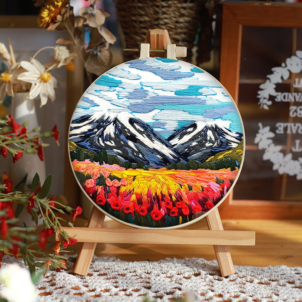 Mountain & Flower Snow Mountain - DIY Embroidery Cross Stitch Kit with Pattern Cotton Threads Needles Hoop 30x30CM/11.81x11.81in
