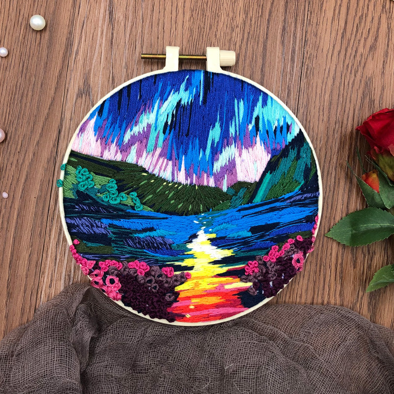 Beauty Of Aurora - DIY Embroidery Cross Stitch Kit with Pattern Cotton Threads Needles Hoop 30x30CM/11.81x11.81in