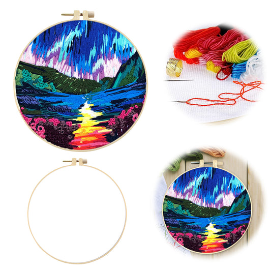 Beauty Of Aurora - DIY Embroidery Cross Stitch Kit with Pattern Cotton Threads Needles Hoop 30x30CM/11.81x11.81in
