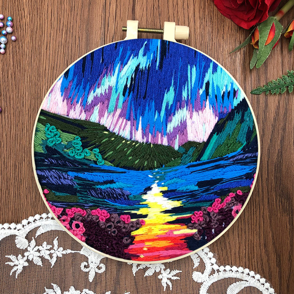 Beauty Of Aurora - DIY Embroidery Cross Stitch Kit with Pattern Cotton Threads Needles Hoop 30x30CM/11.81x11.81in