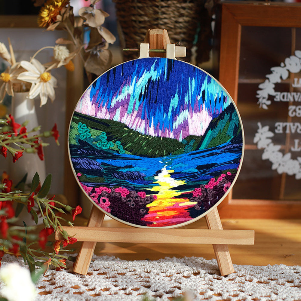 Beauty Of Aurora - DIY Embroidery Cross Stitch Kit with Pattern Cotton Threads Needles Hoop 30x30CM/11.81x11.81in