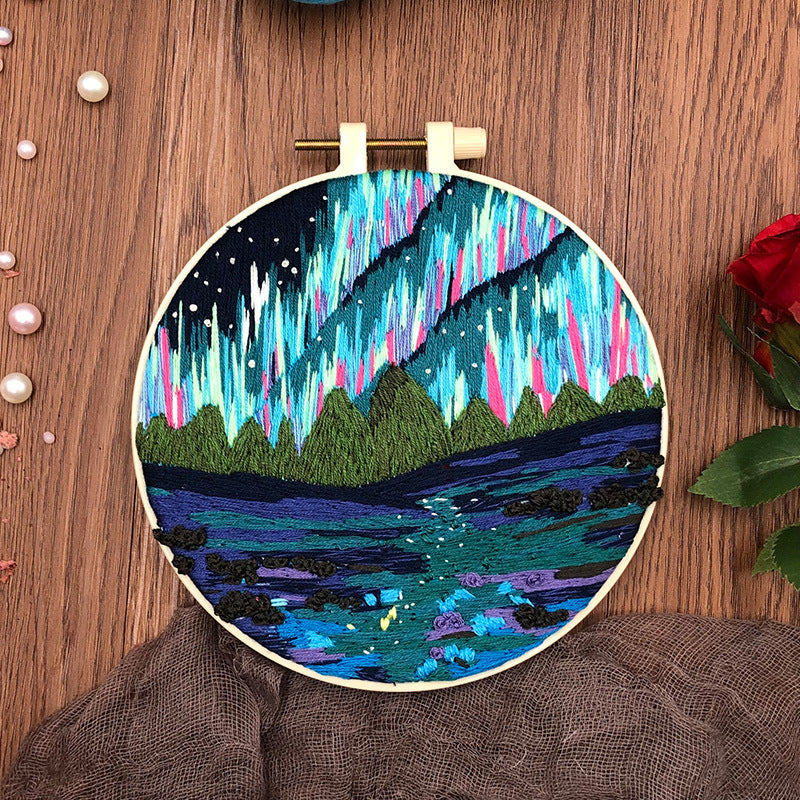 Blue Aurora - DIY Embroidery Cross Stitch Kit with Pattern Cotton Threads Needles Hoop 30x30CM/11.81x11.81in