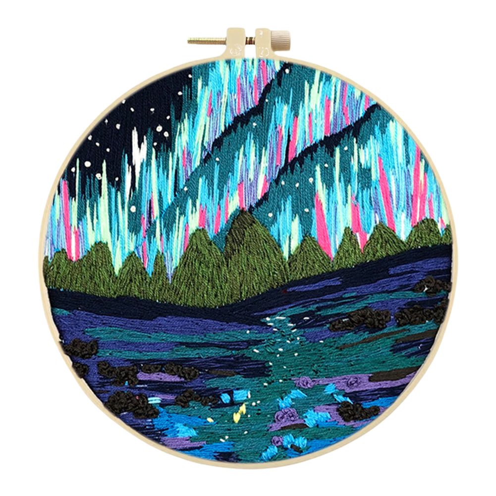 Blue Aurora - DIY Embroidery Cross Stitch Kit with Pattern Cotton Threads Needles Hoop 30x30CM/11.81x11.81in