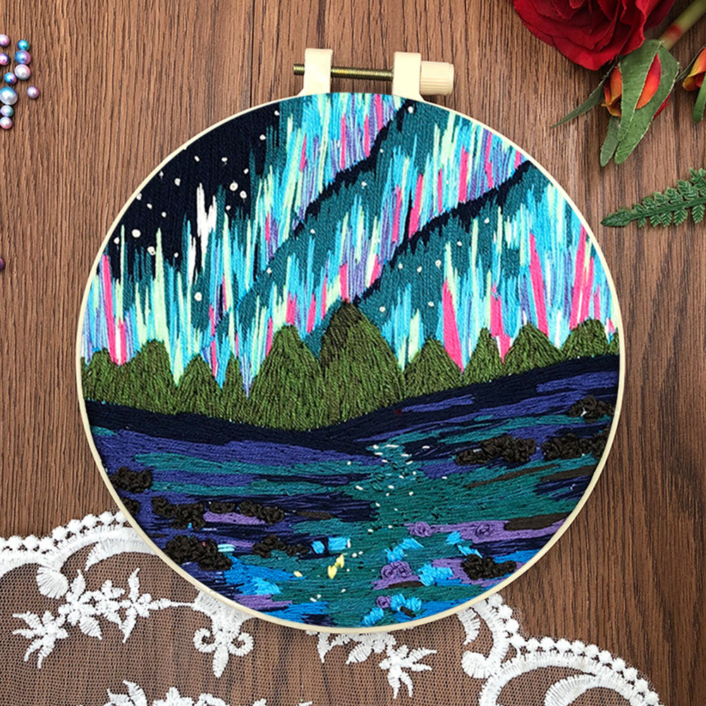 Blue Aurora - DIY Embroidery Cross Stitch Kit with Pattern Cotton Threads Needles Hoop 30x30CM/11.81x11.81in
