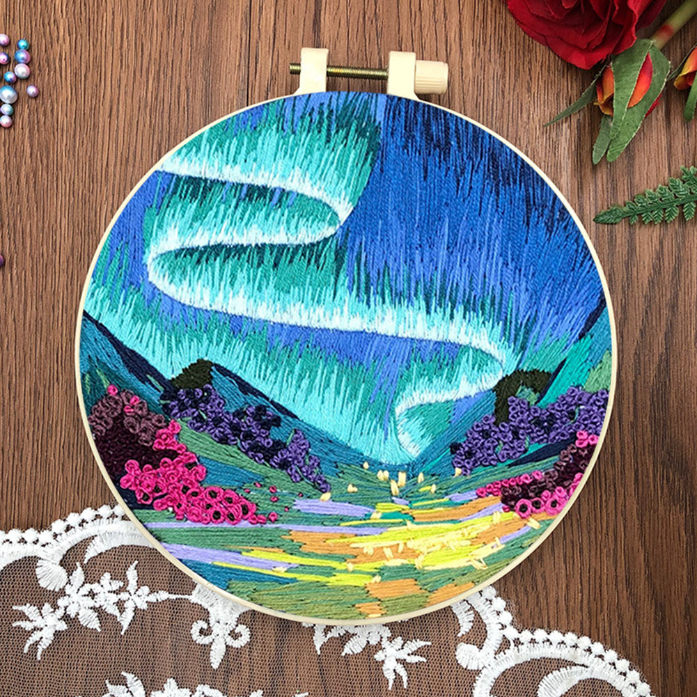 Dreamy Aurora - DIY Embroidery Cross Stitch Kit with Pattern Cotton Threads Needles Hoop 30x30CM/11.81x11.81in