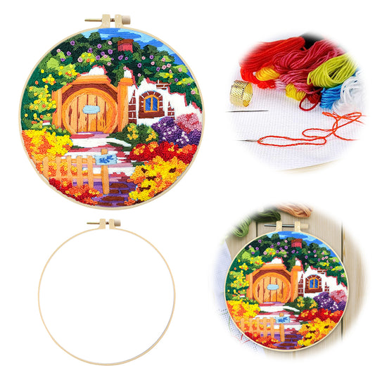 Colorful Garden - DIY Embroidery Cross Stitch Kit with Pattern Cotton Threads Needles Hoop 30x30CM/11.81x11.81in