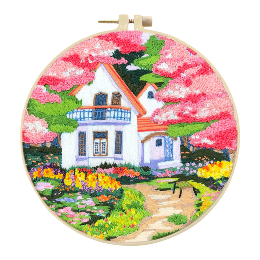 Pink Flower Villa - DIY Embroidery Cross Stitch Kit with Pattern Cotton Threads Needles Hoop 30x30CM/11.81x11.81in