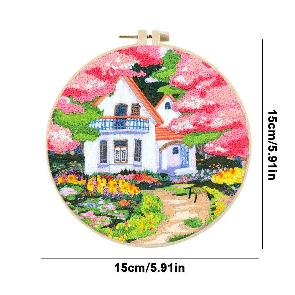 Pink Flower Villa - DIY Embroidery Cross Stitch Kit with Pattern Cotton Threads Needles Hoop 30x30CM/11.81x11.81in