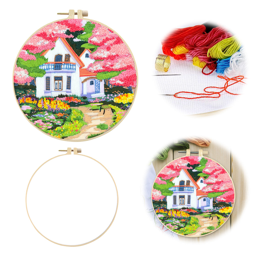 Pink Flower Villa - DIY Embroidery Cross Stitch Kit with Pattern Cotton Threads Needles Hoop 30x30CM/11.81x11.81in