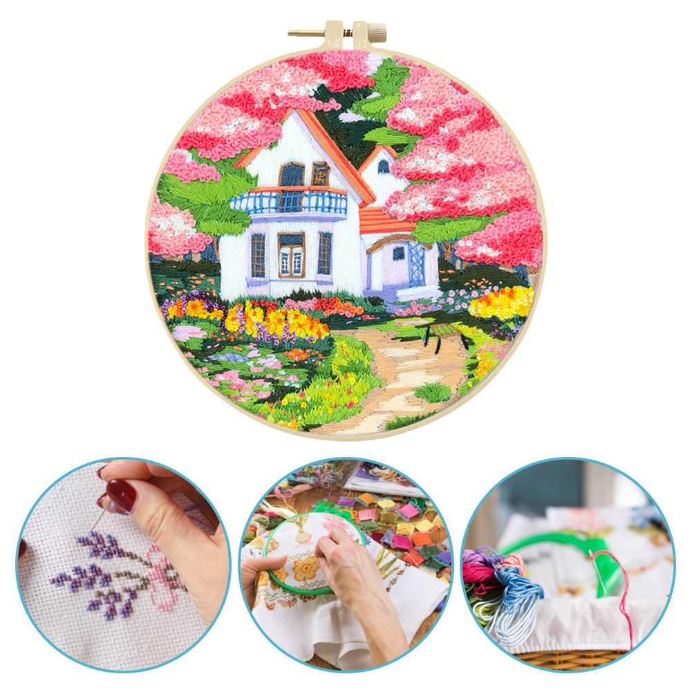 Pink Flower Villa - DIY Embroidery Cross Stitch Kit with Pattern Cotton Threads Needles Hoop 30x30CM/11.81x11.81in
