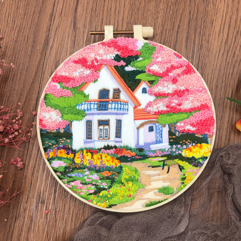 Pink Flower Villa - DIY Embroidery Cross Stitch Kit with Pattern Cotton Threads Needles Hoop 30x30CM/11.81x11.81in