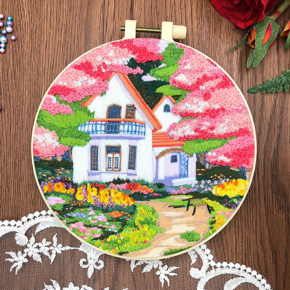 Pink Flower Villa - DIY Embroidery Cross Stitch Kit with Pattern Cotton Threads Needles Hoop 30x30CM/11.81x11.81in