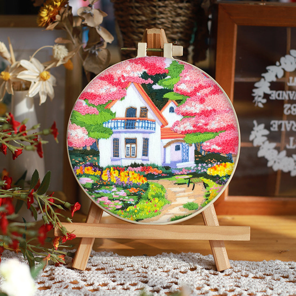 Pink Flower Villa - DIY Embroidery Cross Stitch Kit with Pattern Cotton Threads Needles Hoop 30x30CM/11.81x11.81in