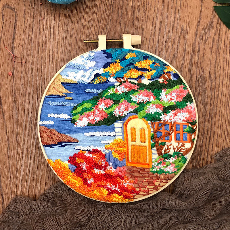Seaside Scenery - DIY Embroidery Cross Stitch Kit with Pattern Cotton Threads Needles Hoop 30x30CM/11.81x11.81in
