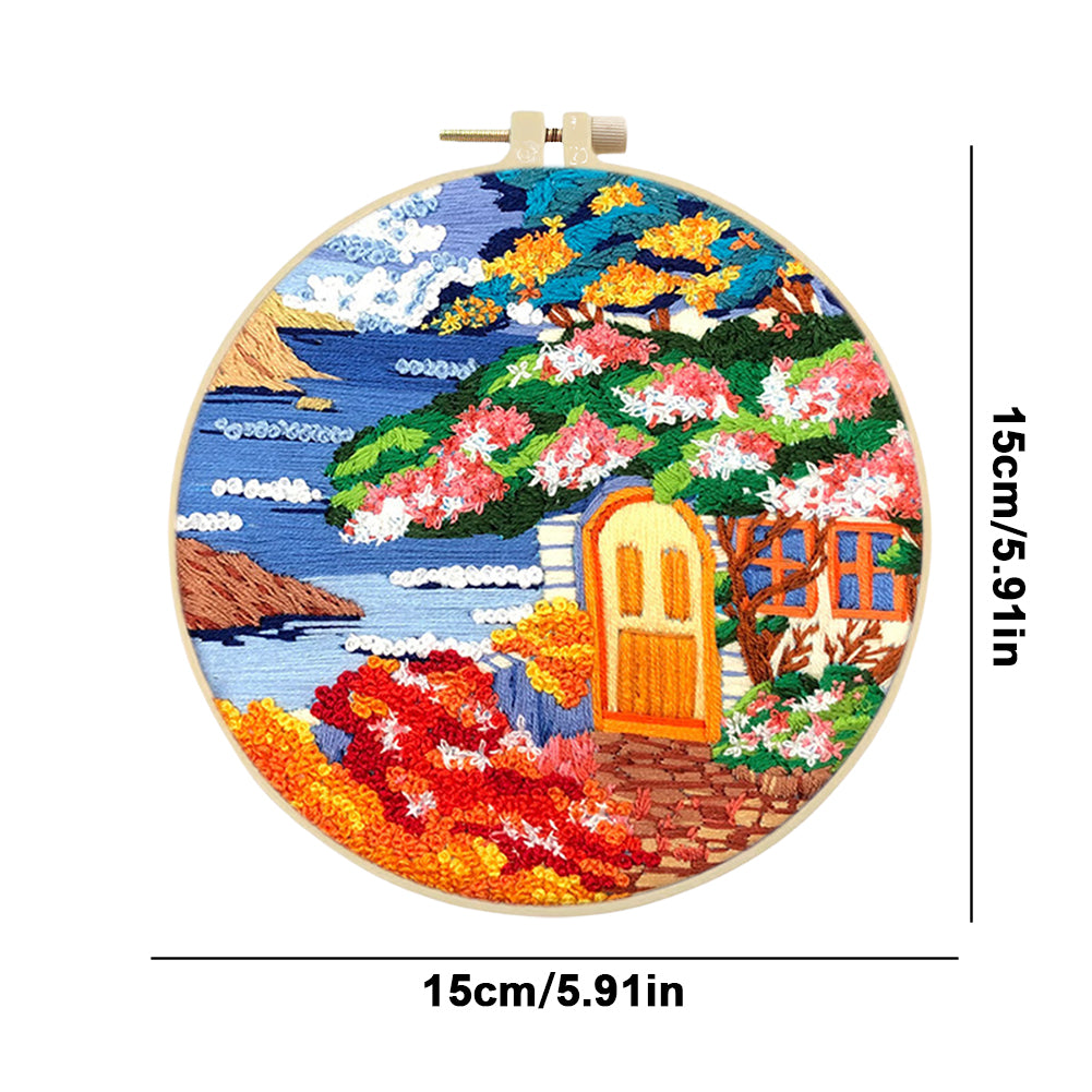Seaside Scenery - DIY Embroidery Cross Stitch Kit with Pattern Cotton Threads Needles Hoop 30x30CM/11.81x11.81in
