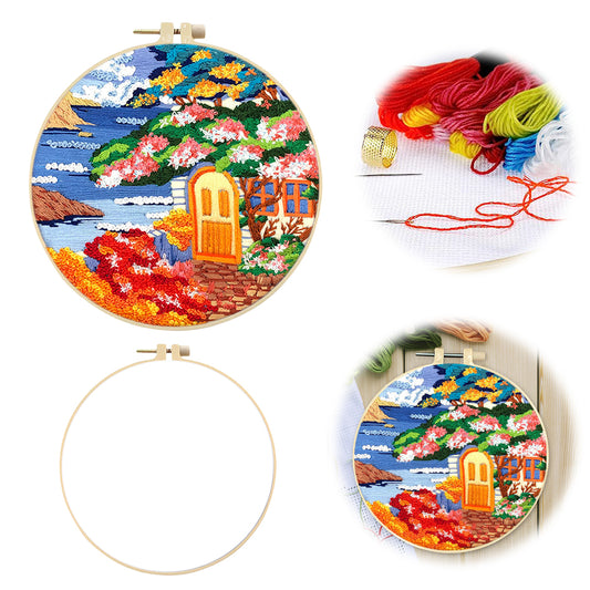 Seaside Scenery - DIY Embroidery Cross Stitch Kit with Pattern Cotton Threads Needles Hoop 30x30CM/11.81x11.81in