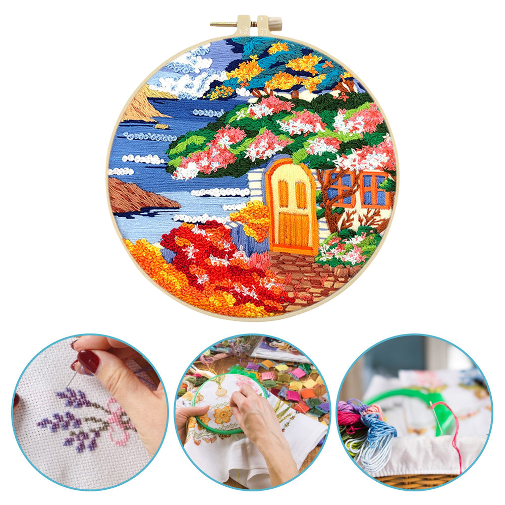 Seaside Scenery - DIY Embroidery Cross Stitch Kit with Pattern Cotton Threads Needles Hoop 30x30CM/11.81x11.81in