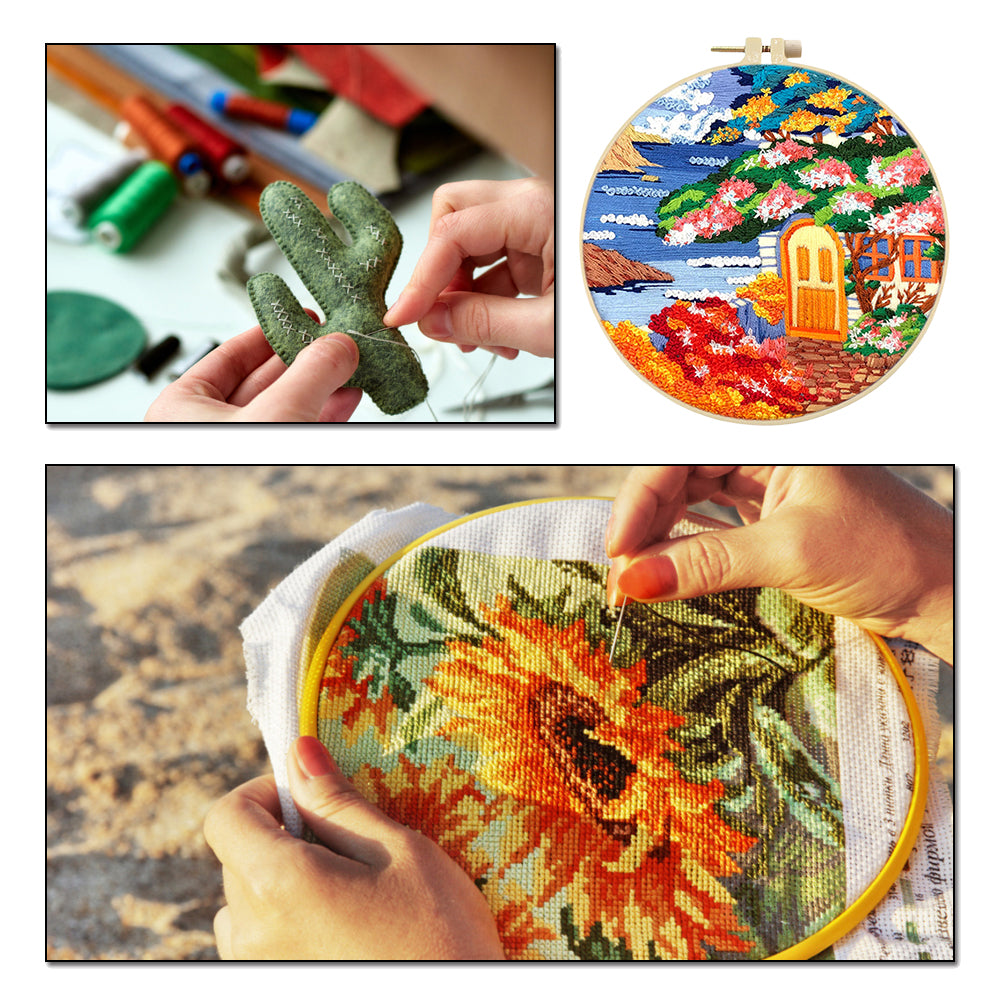 Seaside Scenery - DIY Embroidery Cross Stitch Kit with Pattern Cotton Threads Needles Hoop 30x30CM/11.81x11.81in