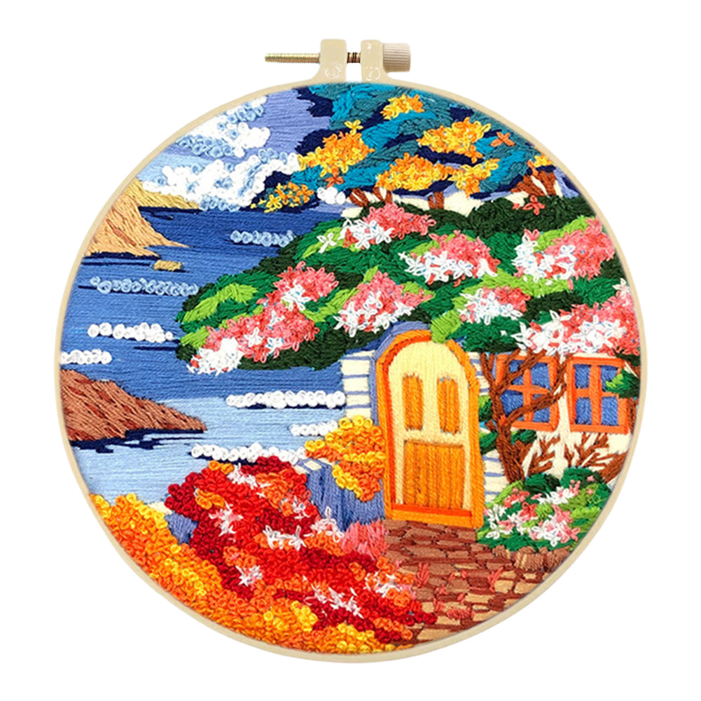 Seaside Scenery - DIY Embroidery Cross Stitch Kit with Pattern Cotton Threads Needles Hoop 30x30CM/11.81x11.81in
