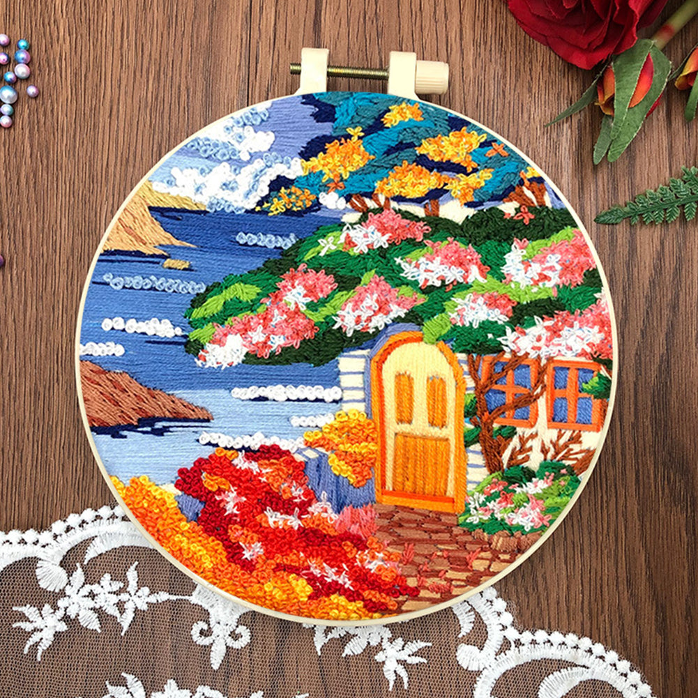 Seaside Scenery - DIY Embroidery Cross Stitch Kit with Pattern Cotton Threads Needles Hoop 30x30CM/11.81x11.81in