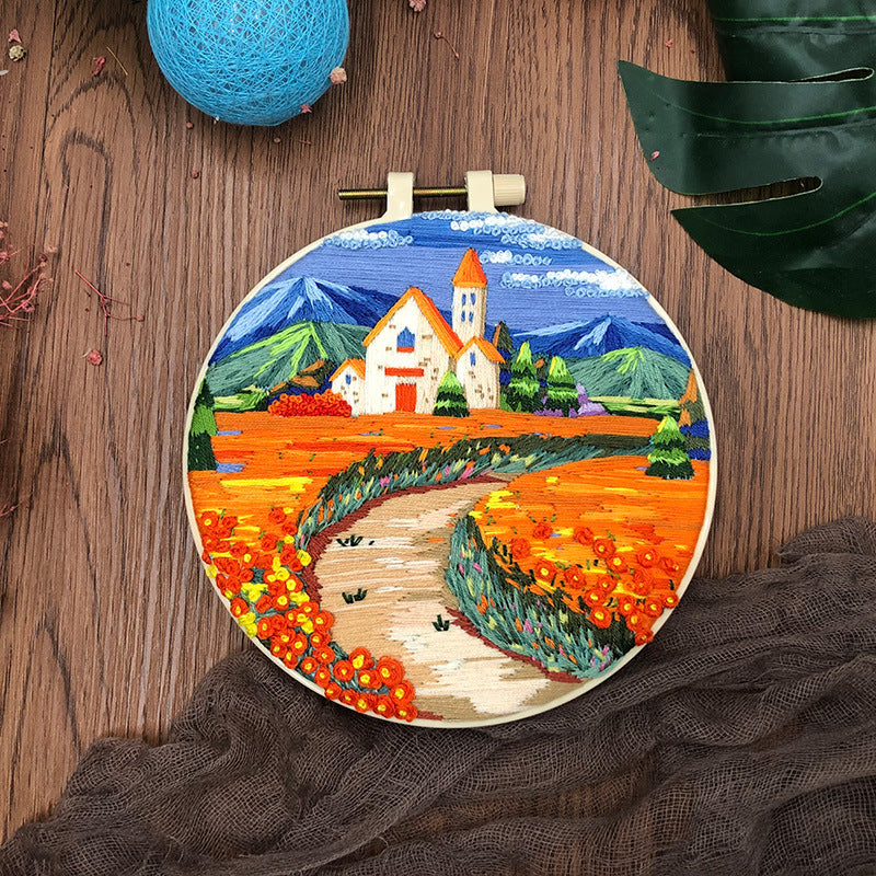 Golden Church - DIY Embroidery Cross Stitch Kit with Pattern Cotton Threads Needles Hoop 30x30CM/11.81x11.81in