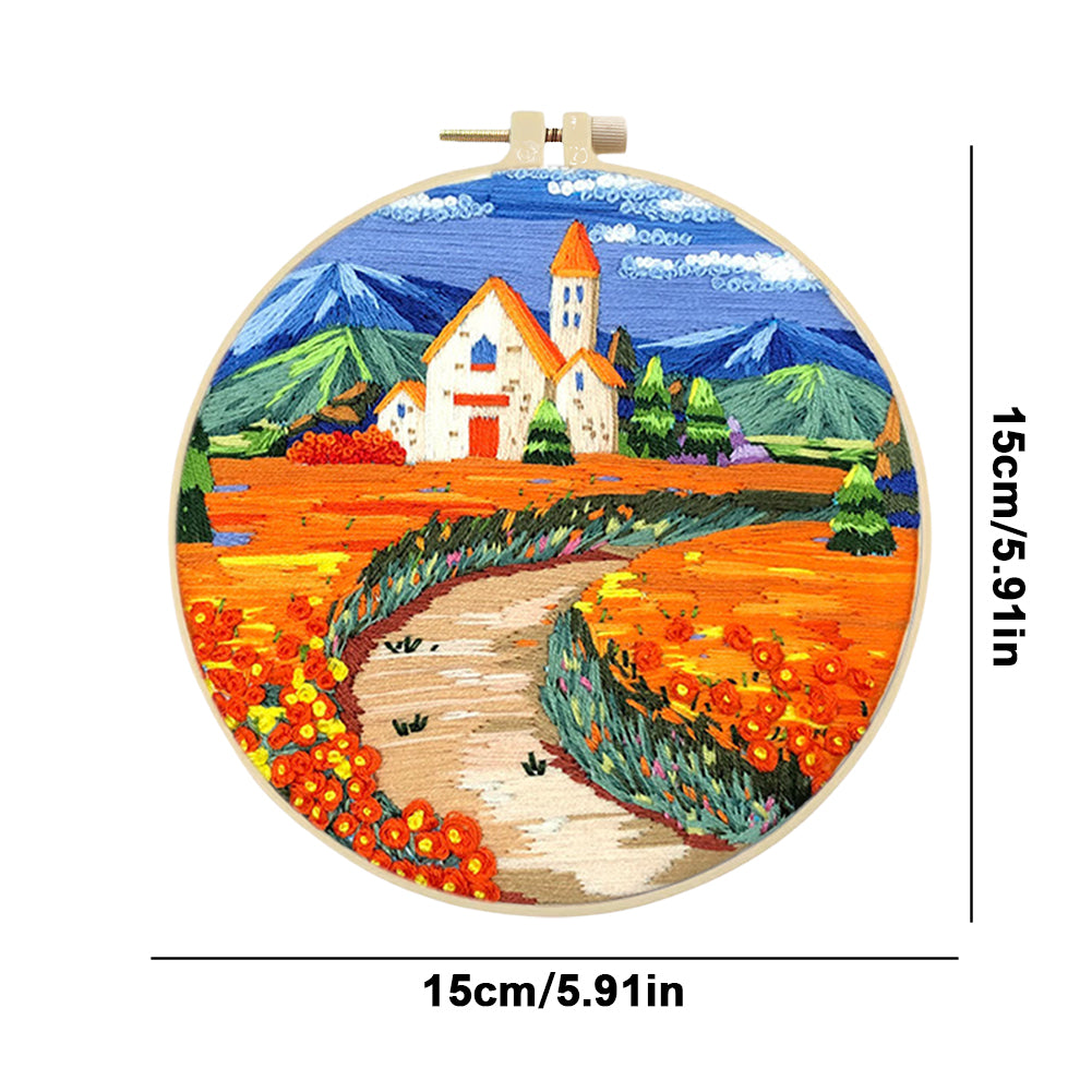 Golden Church - DIY Embroidery Cross Stitch Kit with Pattern Cotton Threads Needles Hoop 30x30CM/11.81x11.81in