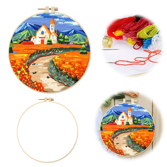 Golden Church - DIY Embroidery Cross Stitch Kit with Pattern Cotton Threads Needles Hoop 30x30CM/11.81x11.81in