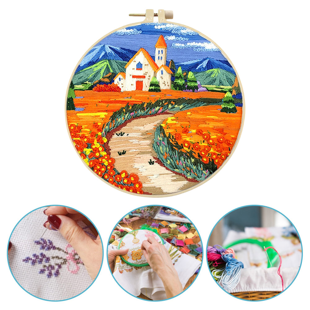 Golden Church - DIY Embroidery Cross Stitch Kit with Pattern Cotton Threads Needles Hoop 30x30CM/11.81x11.81in