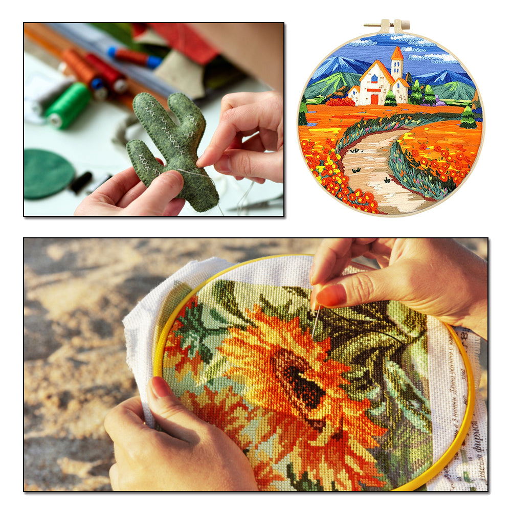 Golden Church - DIY Embroidery Cross Stitch Kit with Pattern Cotton Threads Needles Hoop 30x30CM/11.81x11.81in