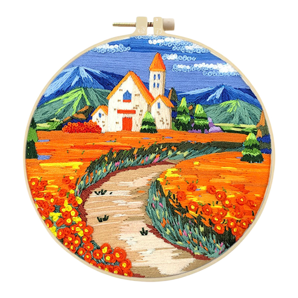 Golden Church - DIY Embroidery Cross Stitch Kit with Pattern Cotton Threads Needles Hoop 30x30CM/11.81x11.81in
