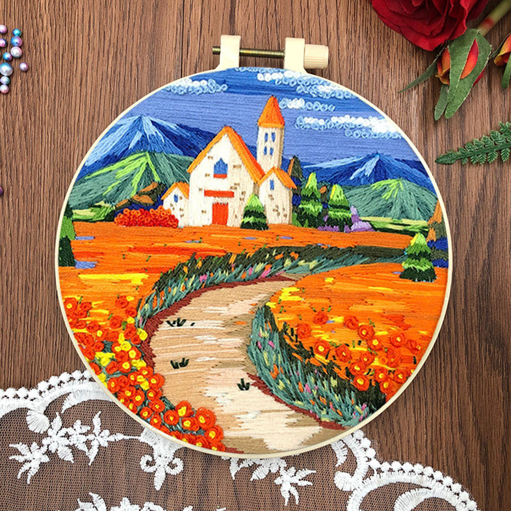 Golden Church - DIY Embroidery Cross Stitch Kit with Pattern Cotton Threads Needles Hoop 30x30CM/11.81x11.81in