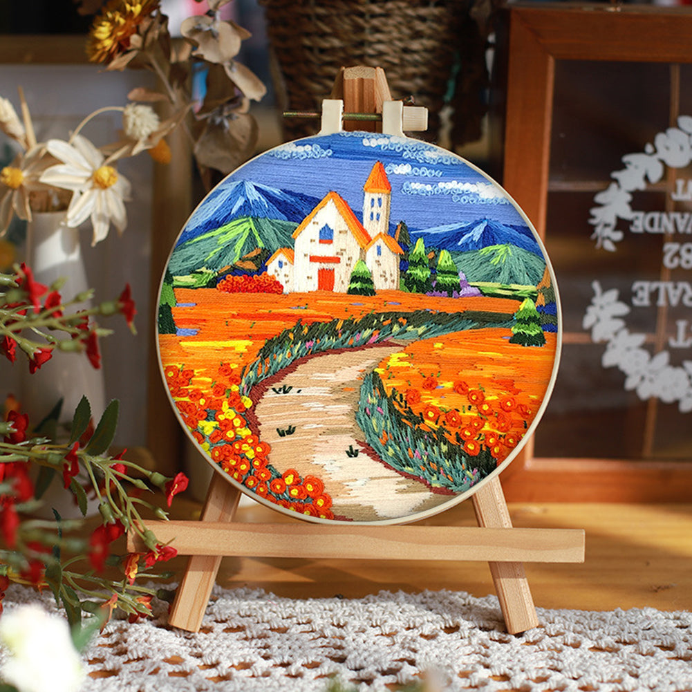 Golden Church - DIY Embroidery Cross Stitch Kit with Pattern Cotton Threads Needles Hoop 30x30CM/11.81x11.81in