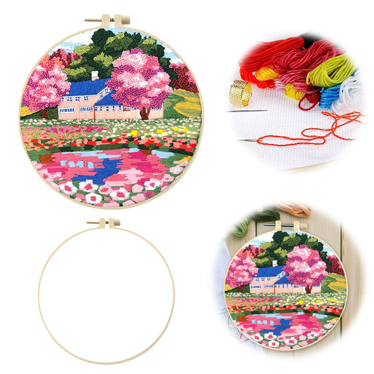 Dreamy Flower Sea - DIY Embroidery Cross Stitch Kit with Pattern Cotton Threads Needles Hoop 30x30CM/11.81x11.81in