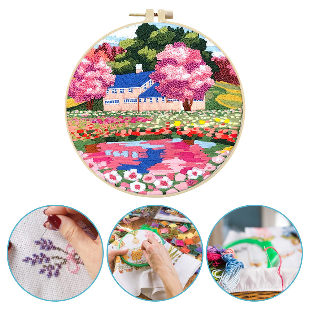 Dreamy Flower Sea - DIY Embroidery Cross Stitch Kit with Pattern Cotton Threads Needles Hoop 30x30CM/11.81x11.81in