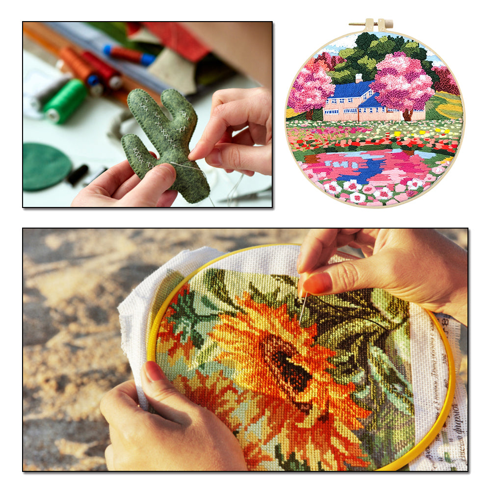 Dreamy Flower Sea - DIY Embroidery Cross Stitch Kit with Pattern Cotton Threads Needles Hoop 30x30CM/11.81x11.81in