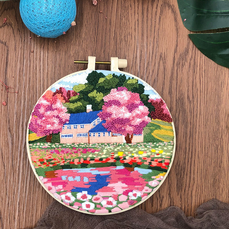 Dreamy Flower Sea - DIY Embroidery Cross Stitch Kit with Pattern Cotton Threads Needles Hoop 30x30CM/11.81x11.81in