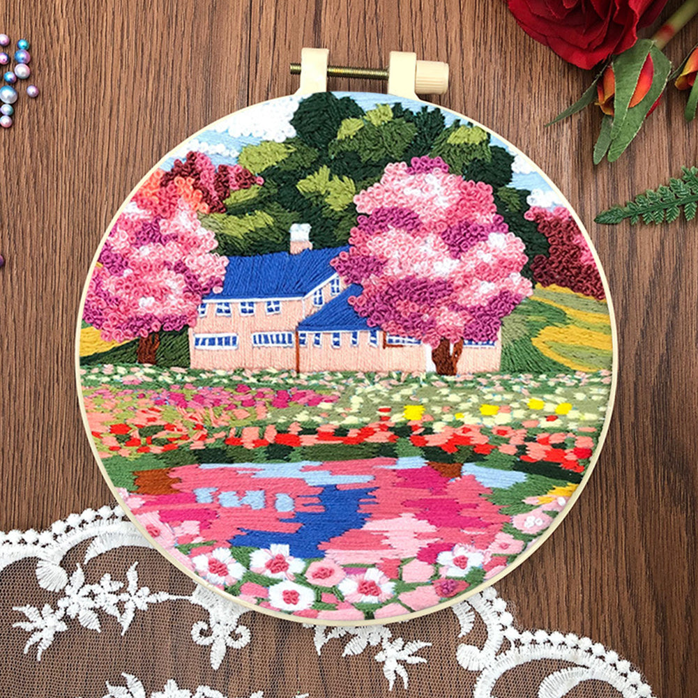 Dreamy Flower Sea - DIY Embroidery Cross Stitch Kit with Pattern Cotton Threads Needles Hoop 30x30CM/11.81x11.81in