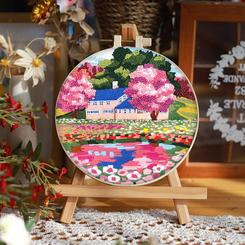 Dreamy Flower Sea - DIY Embroidery Cross Stitch Kit with Pattern Cotton Threads Needles Hoop 30x30CM/11.81x11.81in