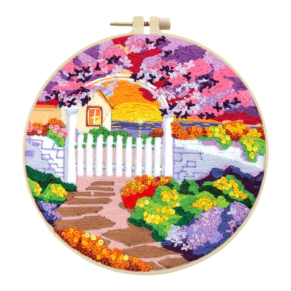 Purple Flower Sunset - DIY Embroidery Cross Stitch Kit with Pattern Cotton Threads Needles Hoop 30x30CM/11.81x11.81in